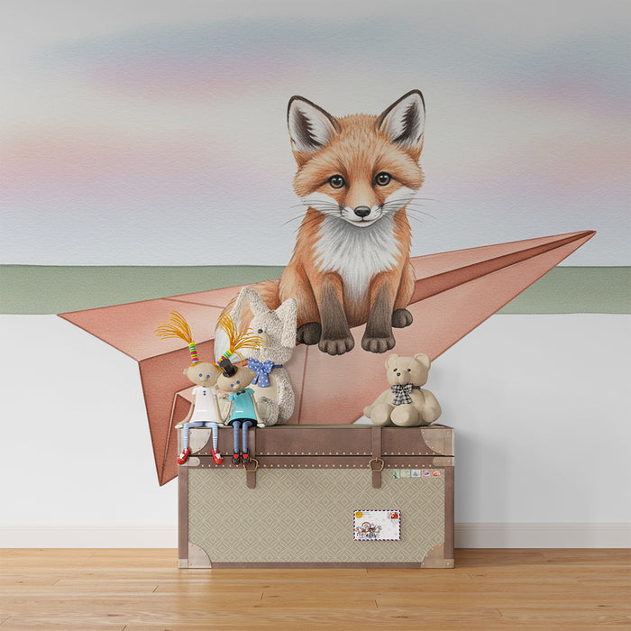 Børneværelse tapet | Skør ræv på et papirfly