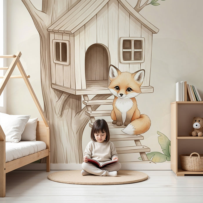 Χαρτί τοιχοποιίας παιδικού δωματίου | Αλεπού και καλύβα στα δέντρα
