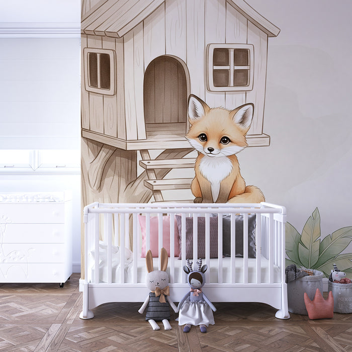 Χαρτί τοιχοποιίας παιδικού δωματίου | Αλεπού και καλύβα στα δέντρα