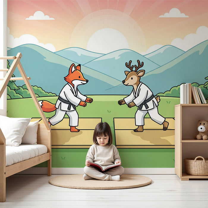 Papel de parede infantil | Raposa e veado em quimono sobre um tatami na natureza