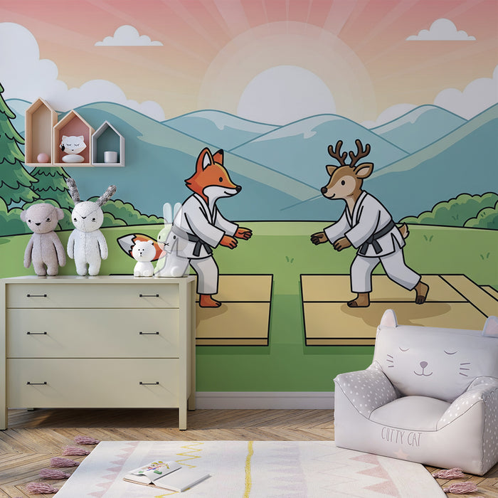 Papel de parede infantil | Raposa e veado em quimono sobre um tatami na natureza