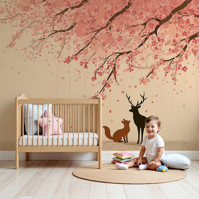 Kids room wallpaper | Fox and deer under a cherry blossom tree