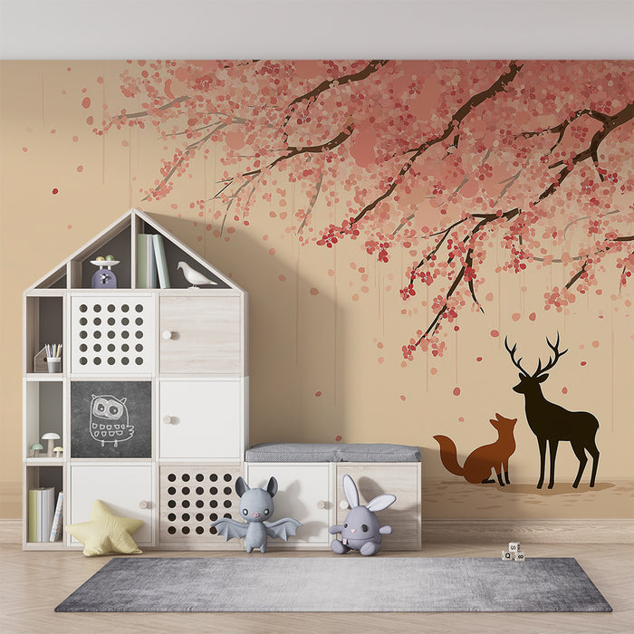 Kids room wallpaper | Fox and deer under a cherry blossom tree