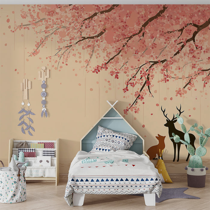 Kids room wallpaper | Fox and deer under a cherry blossom tree