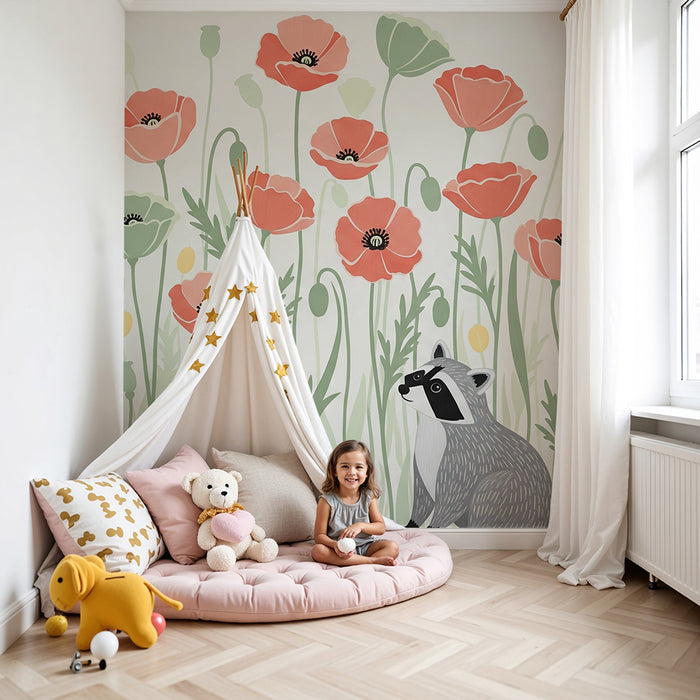 Χαρτί τοίχου παιδικό δωμάτιο | Αλεπού και πολύχρωμα γαλάζιαγκάκια