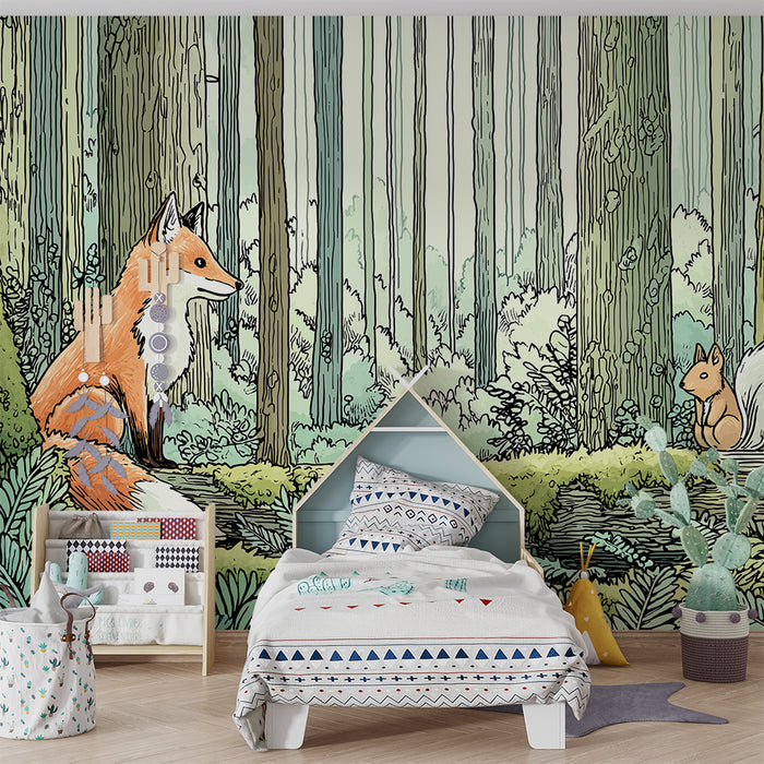 Tapet barnerom | Rev og ekorn midt i skogen