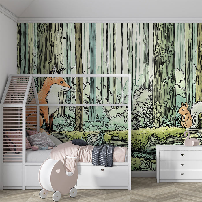 Tapet barnerom | Rev og ekorn midt i skogen