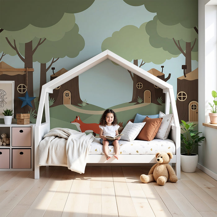 Papel pintado infantil | Zorro y ardilla en un bosque encantado