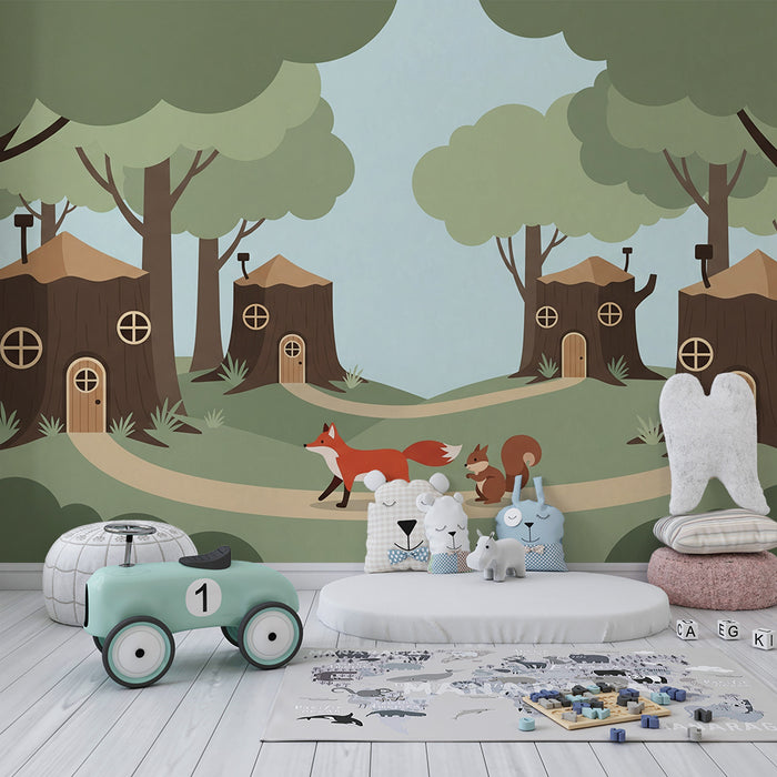 Papel pintado infantil | Zorro y ardilla en un bosque encantado
