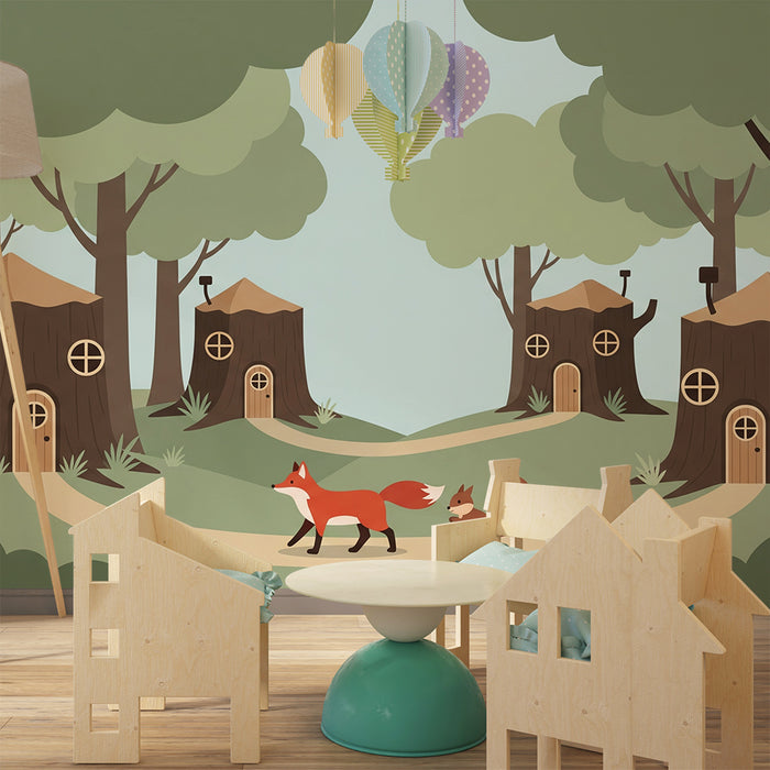 Papel pintado infantil | Zorro y ardilla en un bosque encantado