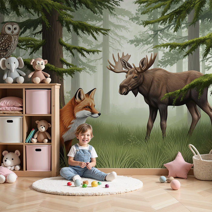 Papel de parede para quarto infantil | Raposa e alce numa floresta encantada