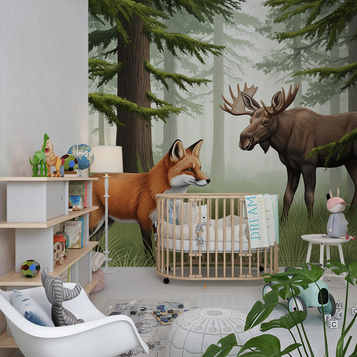 Papel de parede para quarto infantil | Raposa e alce numa floresta encantada