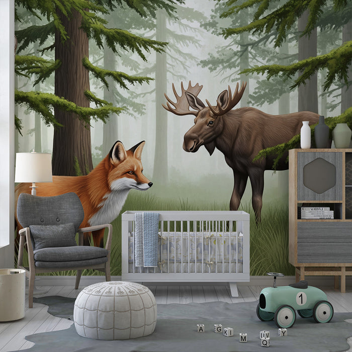 Papel de parede para quarto infantil | Raposa e alce numa floresta encantada
