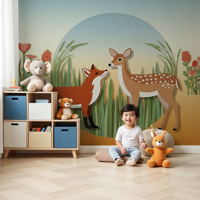 Kinderzimmer Tapete | Fuchs und Rehkitz inmitten bunter Blumen