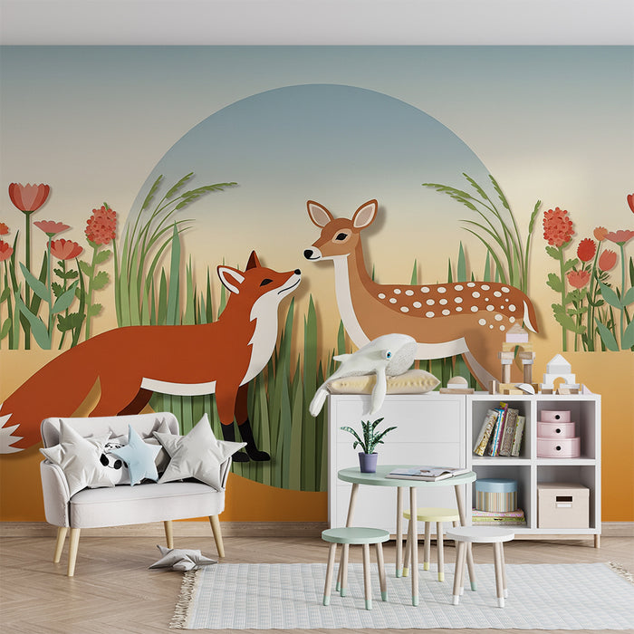 Kinderzimmer Tapete | Fuchs und Rehkitz inmitten bunter Blumen