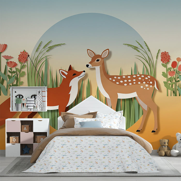 Kinderzimmer Tapete | Fuchs und Rehkitz inmitten bunter Blumen