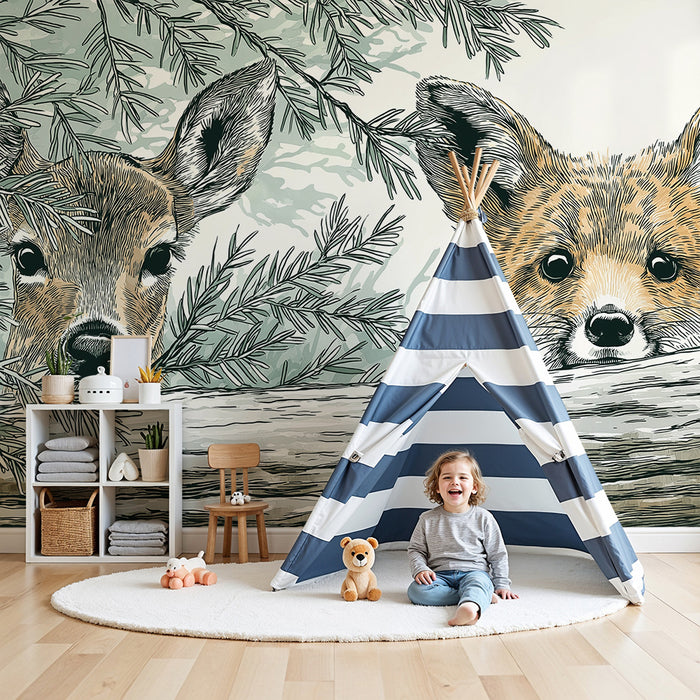 Kinderkamer behang | Vos en jong hert verborgen in het bos