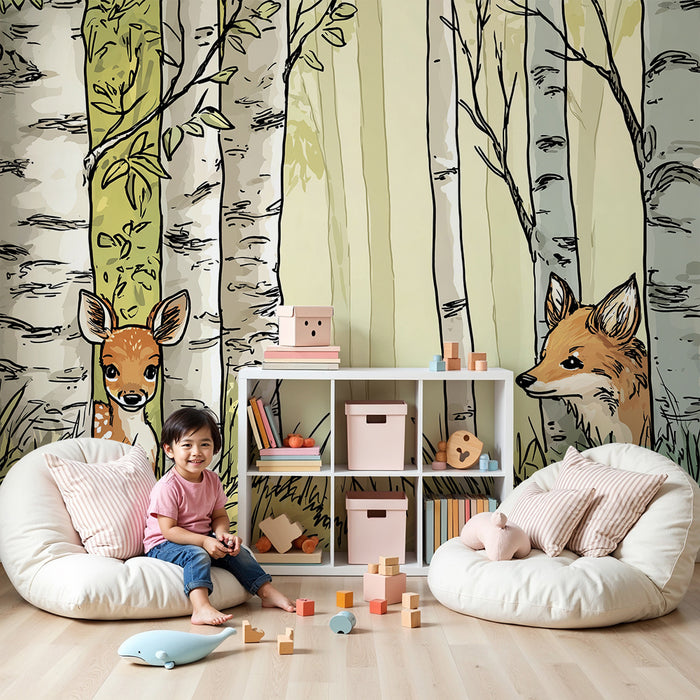 Tapet barnerom | Rev og kalv i en fortryllet skog