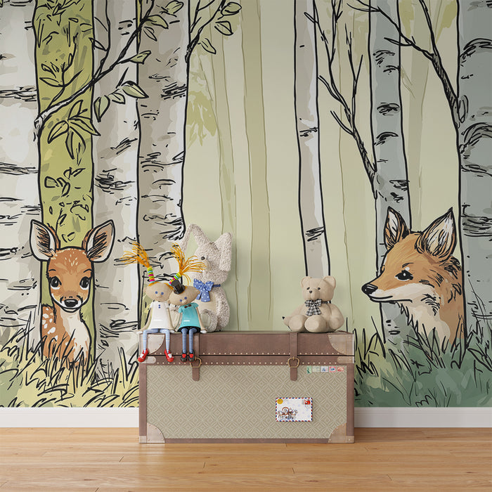 Tapet barnerom | Rev og kalv i en fortryllet skog