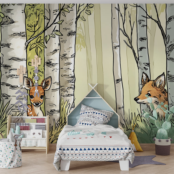 Tapet barnerom | Rev og kalv i en fortryllet skog