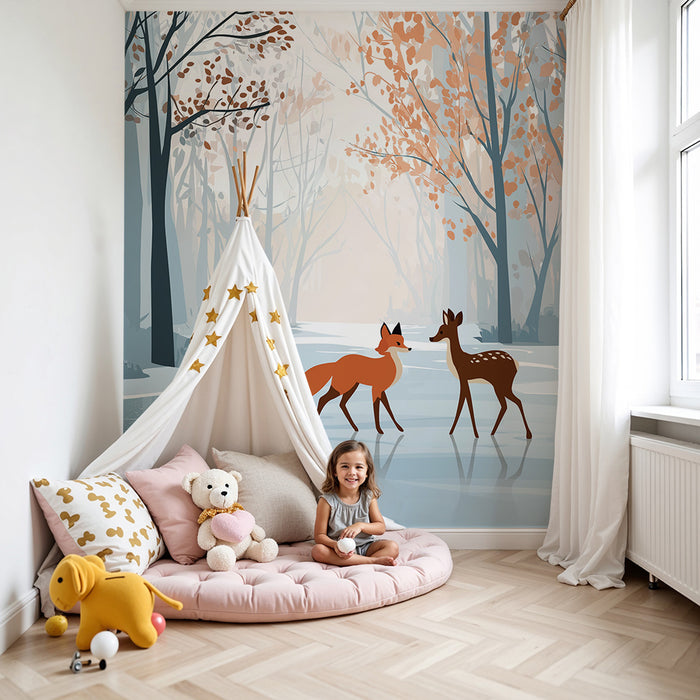 Kinderkamer behang | Vos en jong hert in een rustgevend winterbos