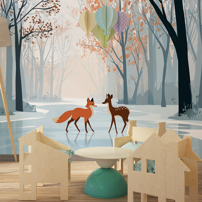 Kinderkamer behang | Vos en jong hert in een rustgevend winterbos