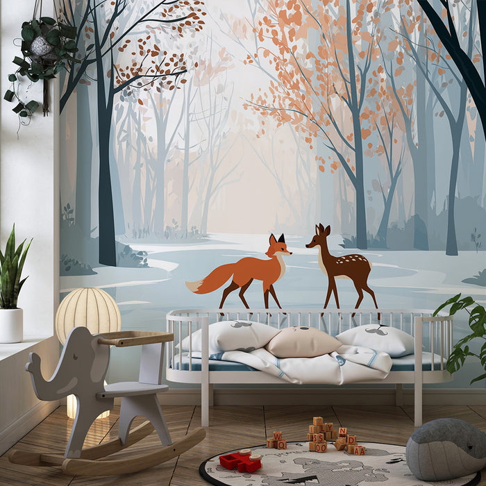 Kinderkamer behang | Vos en jong hert in een rustgevend winterbos