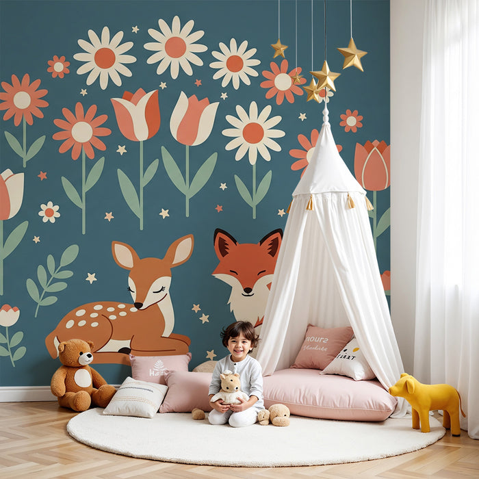 Barntapet | Räv och kid omgivna av färgglada blommor