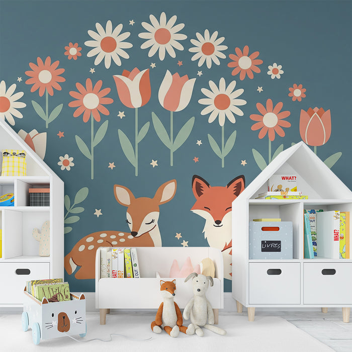 Barntapet | Räv och kid omgivna av färgglada blommor
