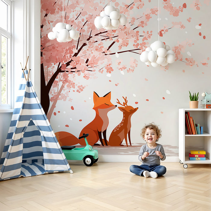 Barntapet | Räv och kid under ett blommande körsbärsträd