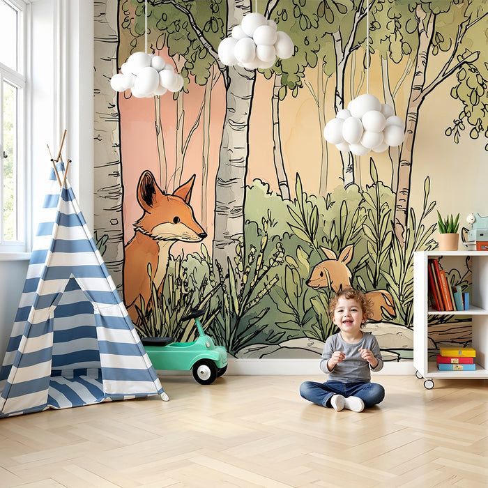 Dětská tapeta | Liška a lesní zvěř v uklidňující krajině
