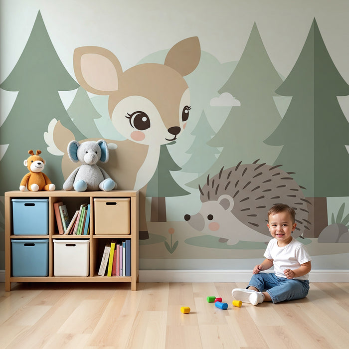Papier peint chambre enfant | Renard et hérisson dans une forêt douce