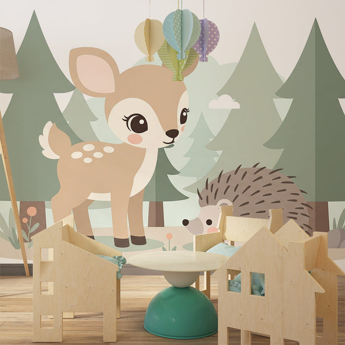 Papier peint chambre enfant | Renard et hérisson dans une forêt douce