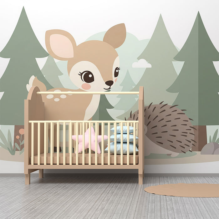 Papier peint chambre enfant | Renard et hérisson dans une forêt douce