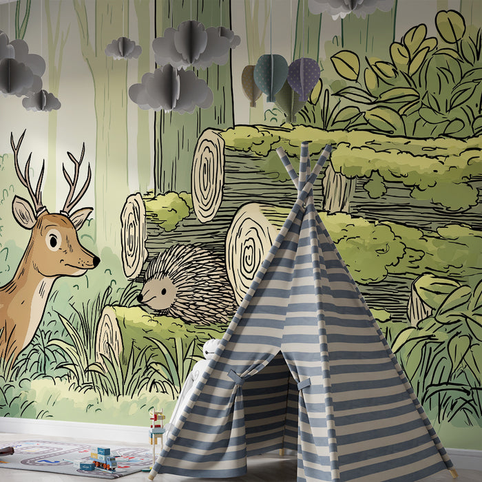 Papel de parede criança | Raposa e ouriço em uma floresta encantada