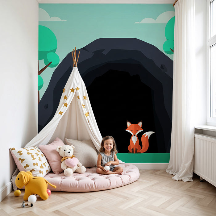 Kinderzimmer Tapete | Fuchs und Igel vor einer Höhle im Wald