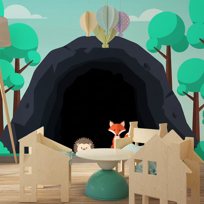 Kinderzimmer Tapete | Fuchs und Igel vor einer Höhle im Wald