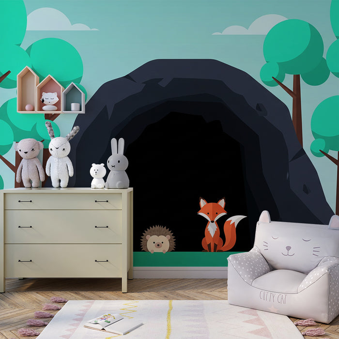 Kinderzimmer Tapete | Fuchs und Igel vor einer Höhle im Wald