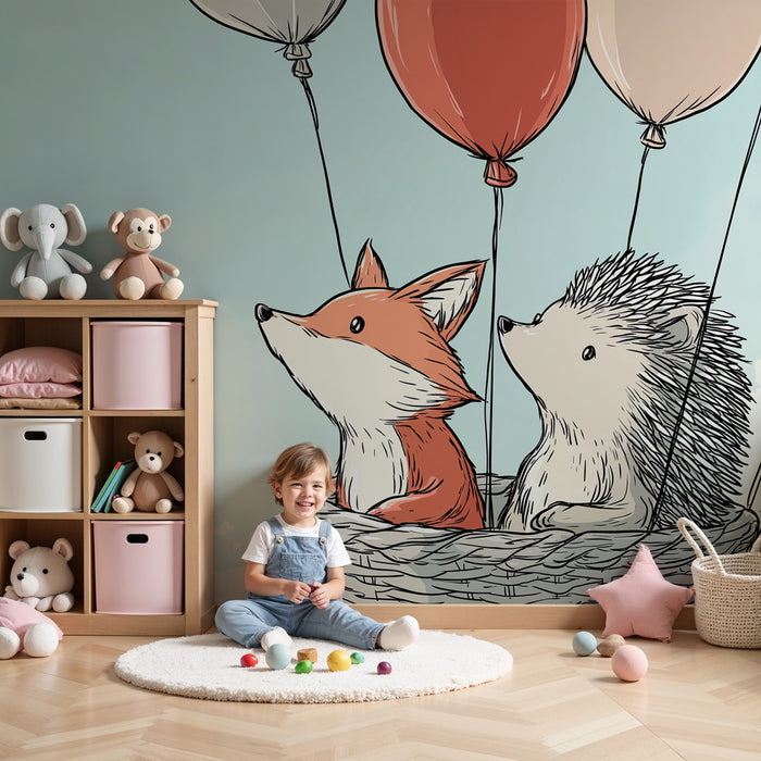Kids room wallpaper | Fox and hedgehog in a hot air balloon