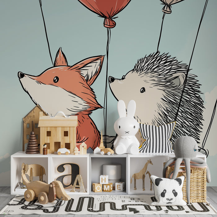 Kids room wallpaper | Fox and hedgehog in a hot air balloon