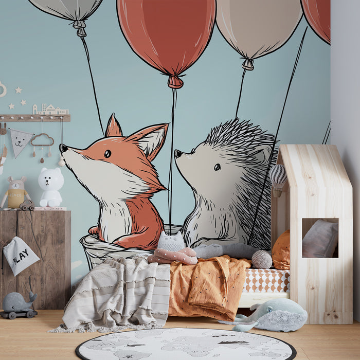 Kids room wallpaper | Fox and hedgehog in a hot air balloon