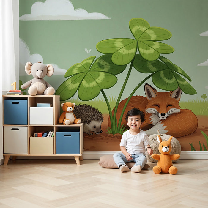 Papel pintado infantil | Zorro y erizo bajo un trébol