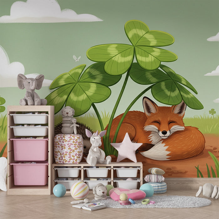 Papel pintado infantil | Zorro y erizo bajo un trébol