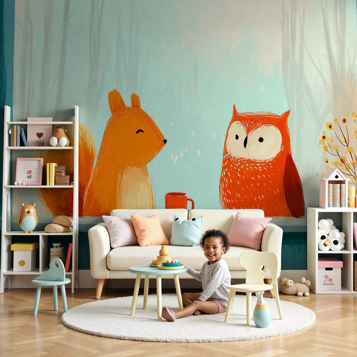 Kinderzimmer Tapete | Fuchs und Eule um eine Tasse herum