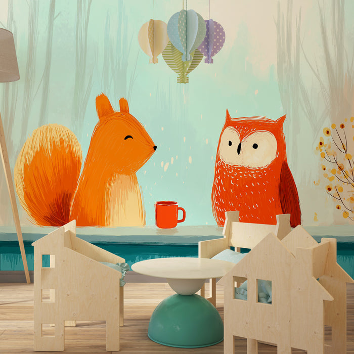Kinderzimmer Tapete | Fuchs und Eule um eine Tasse herum