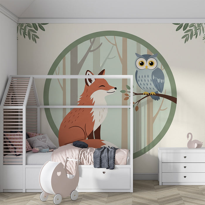 Kinderkamer behang | Vos en uil in een rustgevend bos