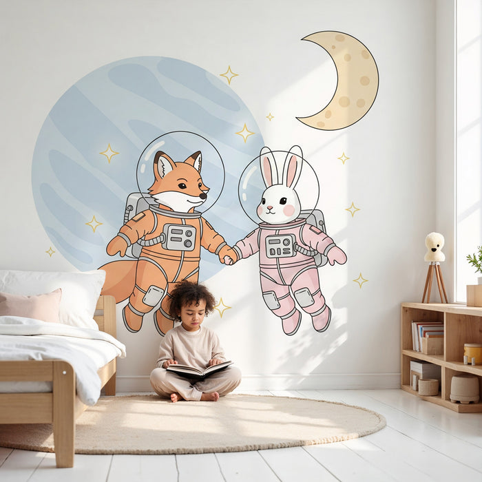 Kinderzimmer Tapete | Fuchs und Hase als Astronauten im Weltraum