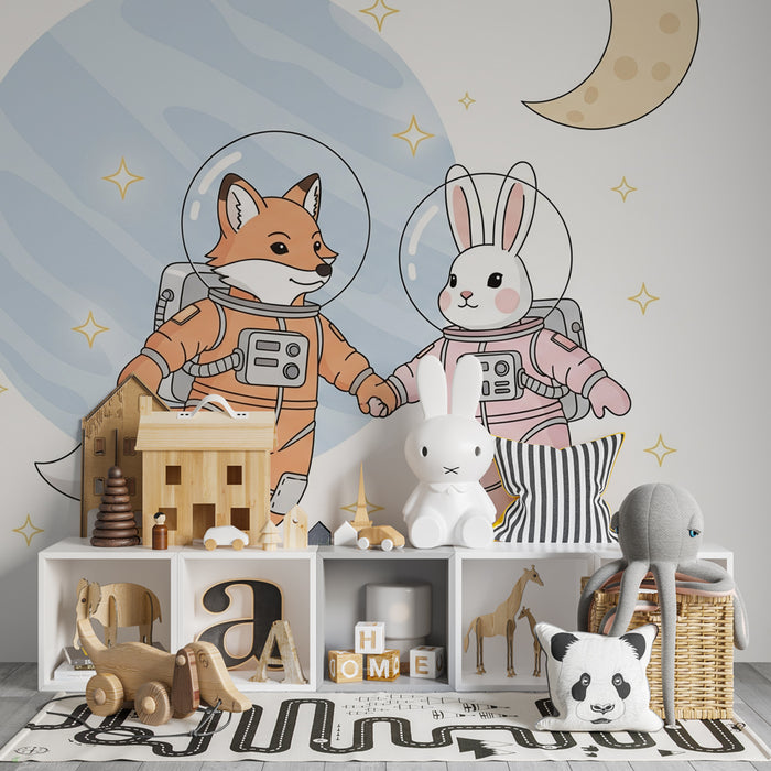 Kinderzimmer Tapete | Fuchs und Hase als Astronauten im Weltraum