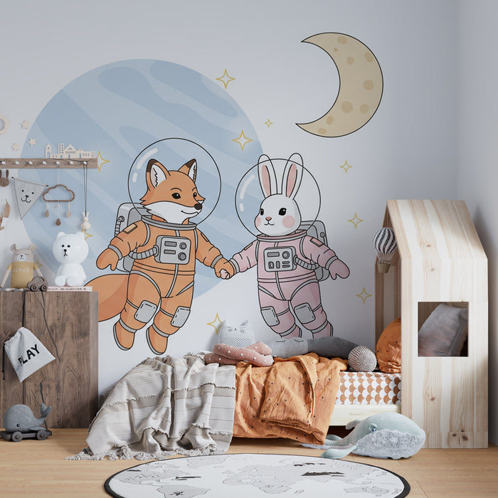 Kinderzimmer Tapete | Fuchs und Hase als Astronauten im Weltraum