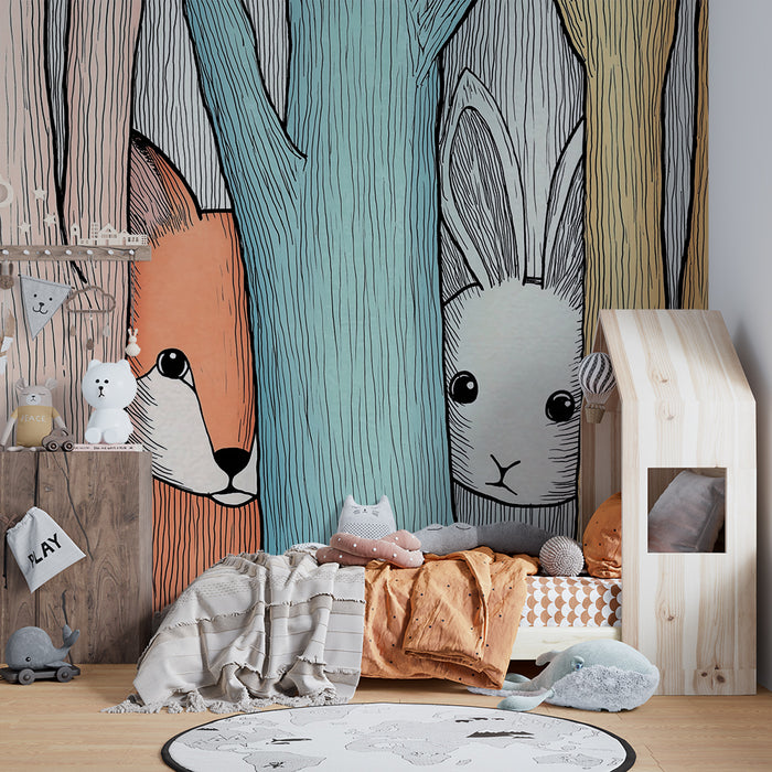 Papier de parede dječja soba | Lisica i zec skriveni među šarenim drvećem